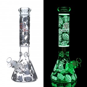 14" Chill Glass Glow In The Dark Design Beaker Water Pipe - [JLB96]